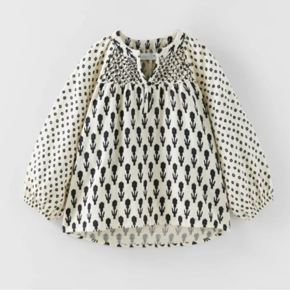Zara Girls Kids Black and Cream Patterned Top, 100% cotton, size 13-14